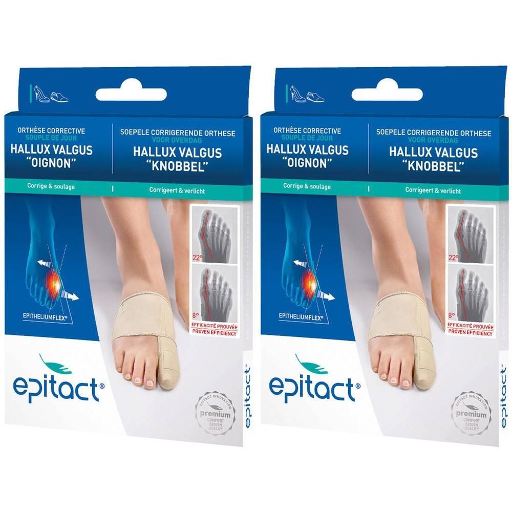 Zwei Packungen Epitact® Orthèse Corrective Souple de Jour Hallux Valgus. Beige, mit Fußabbildung und Produktname.