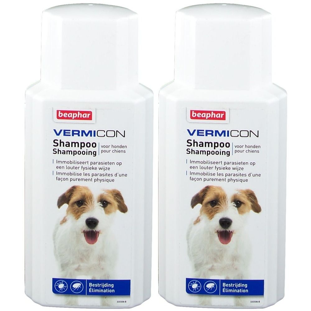 Deux flacons de shampooing Beaphar Vermicon pour chiens.