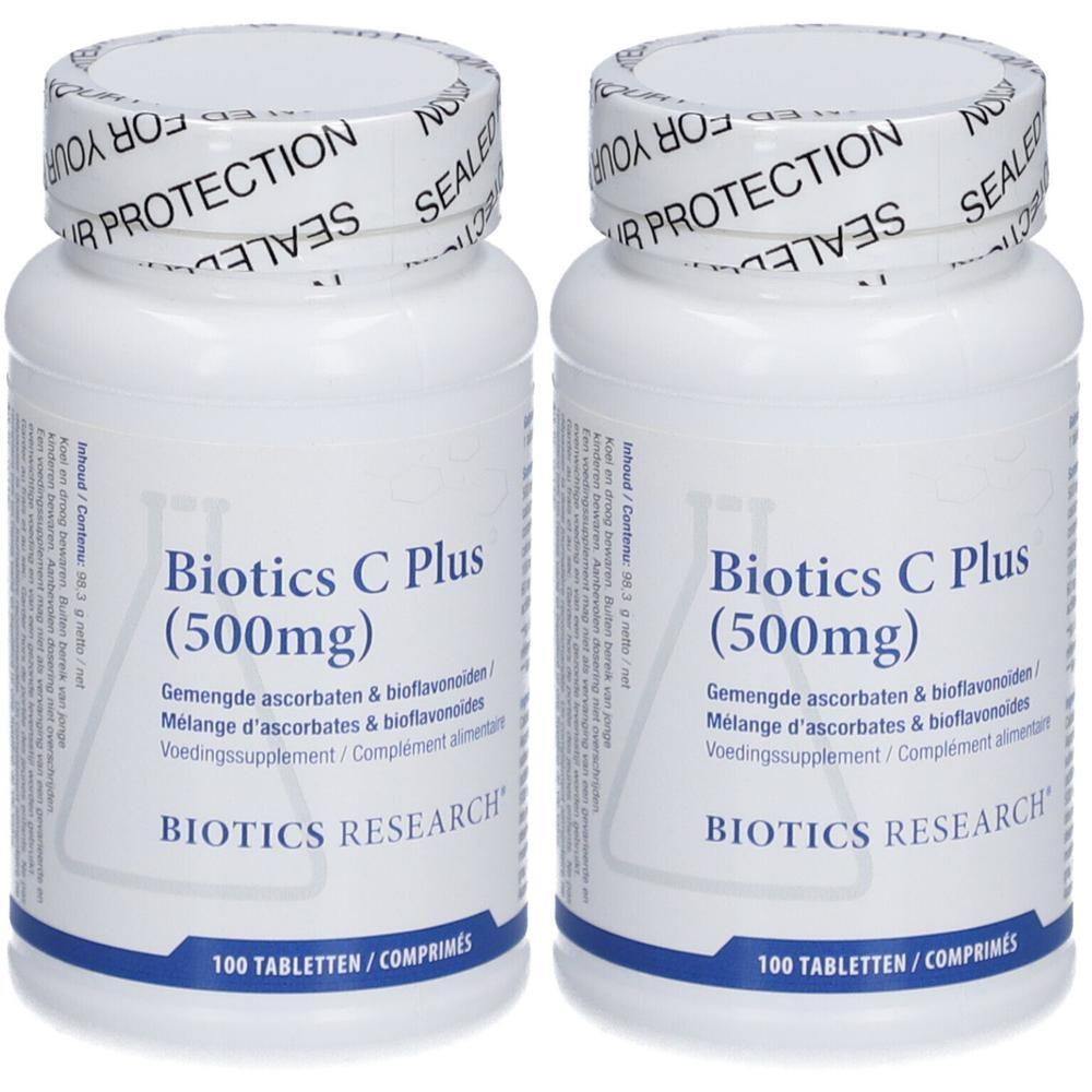 Deux flacons blancs avec « Biotics C Plus (500mg) ». Inscription : « BIOTICS RESEARCH ». Bouchon avec « SEALED FOR PROTECTION ».