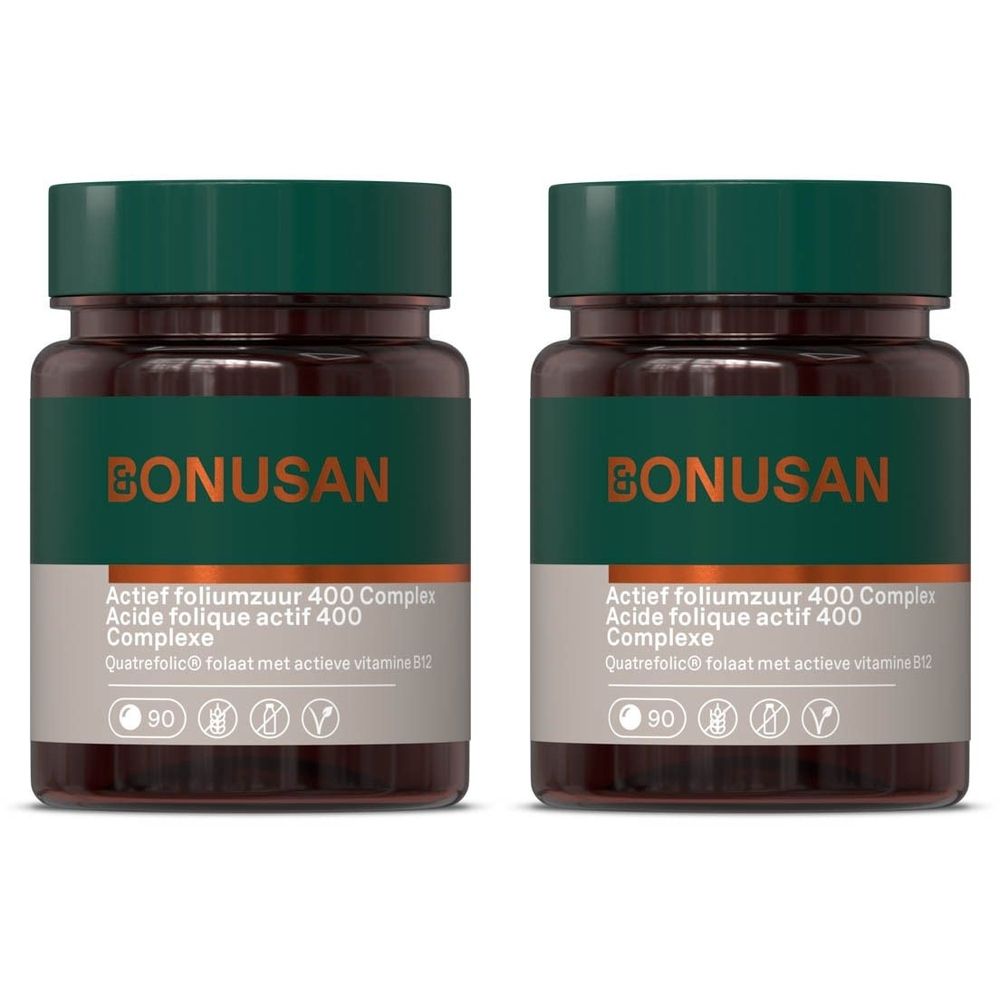 Twee flessen BONUSAN met groene deksels. Opschrift: Actief foliumzuur 400 Complex. 90 tabletten.