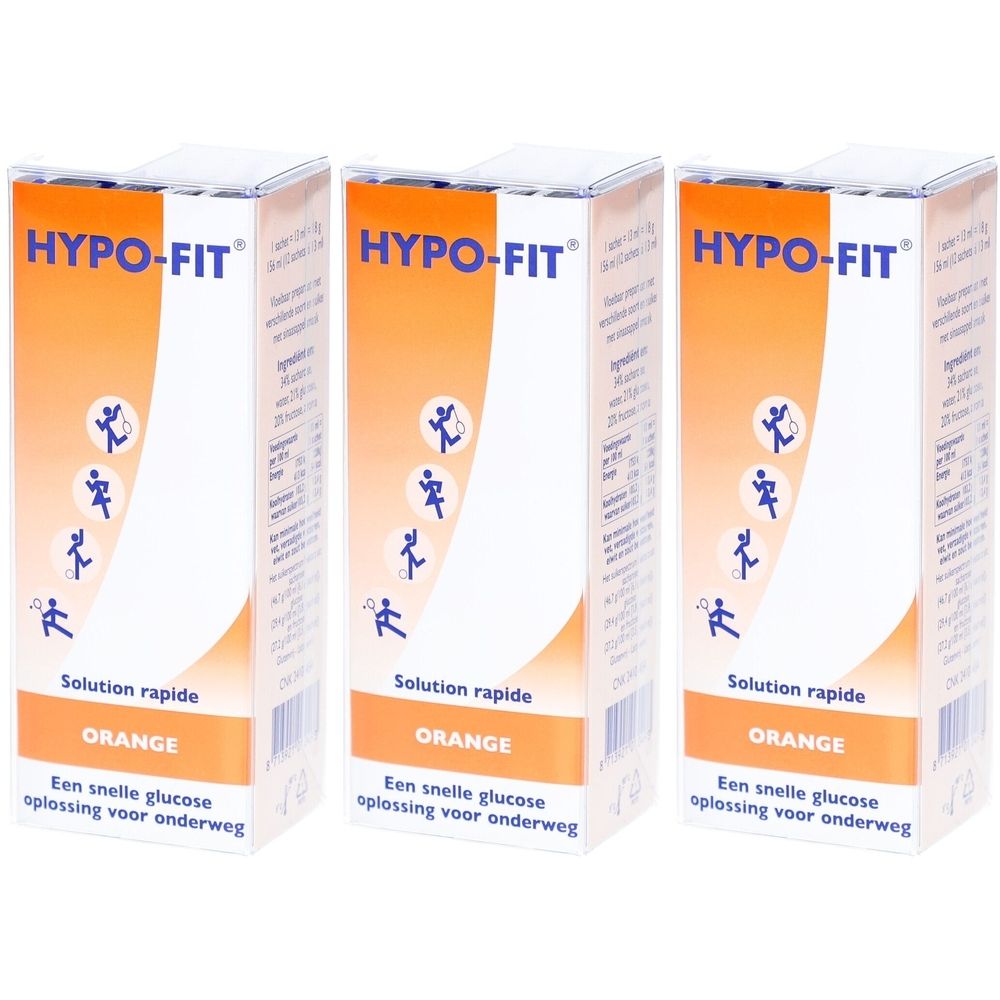 Trois boîtes "HYPO-FIT". Texte orange et design. Inscription "Solution rapide", "ORANGE".
