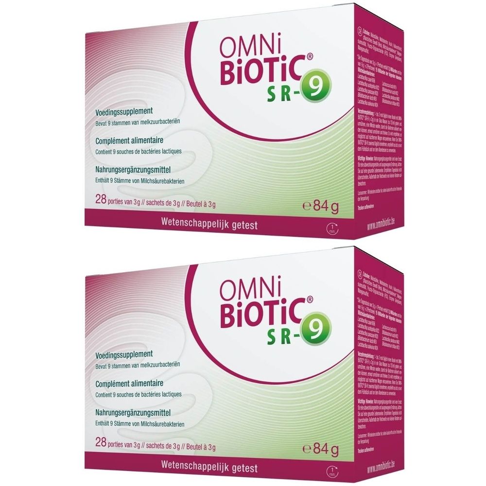Twee dozen Omni-Biotic SR-9. Rode en witte dozen met productnaam en tekst. Bevat 28 zakjes.