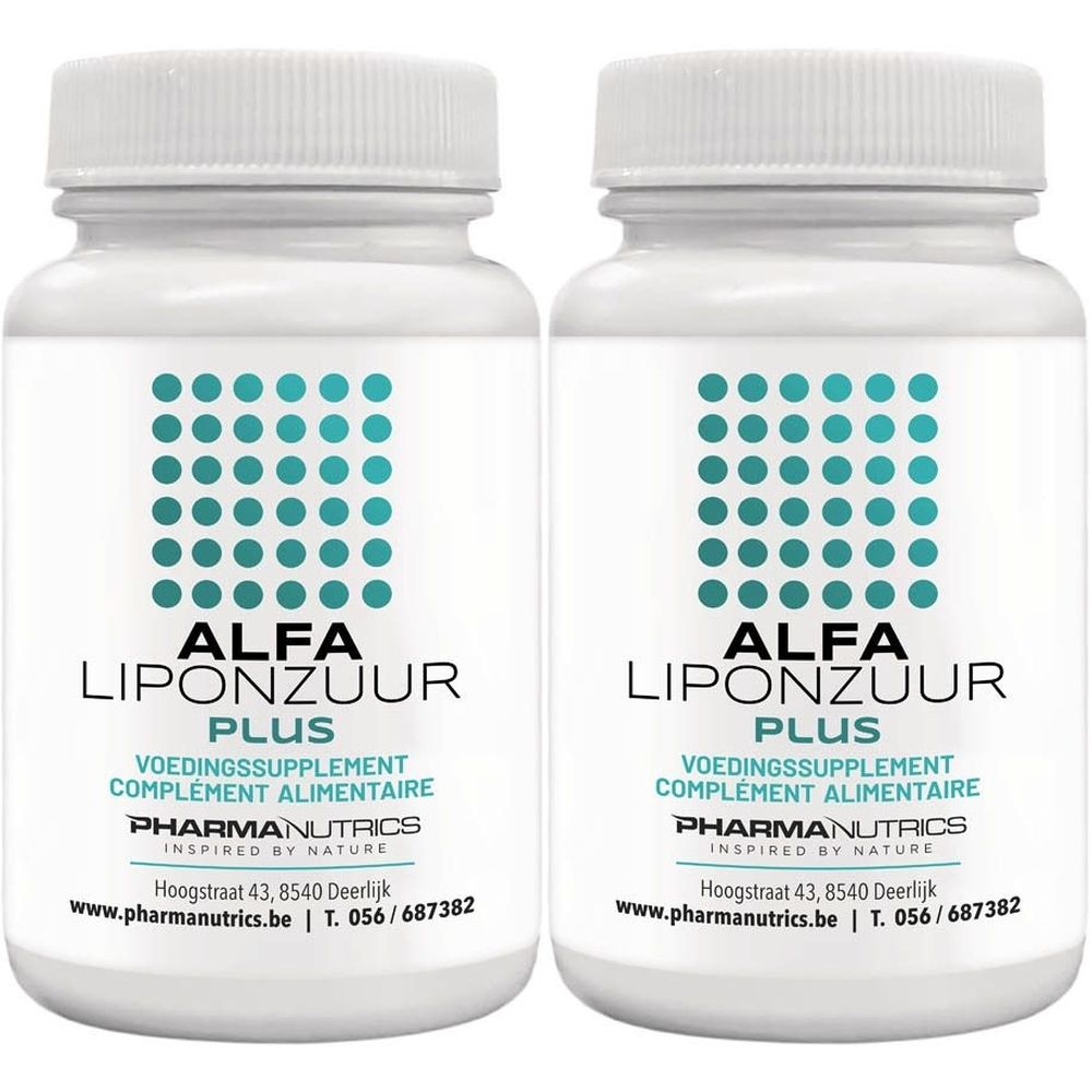 Twee witte flessen met blauwe stippen en tekst. Opschrift: ALFA LIPONZUUR PLUS, PharmaNutrics.