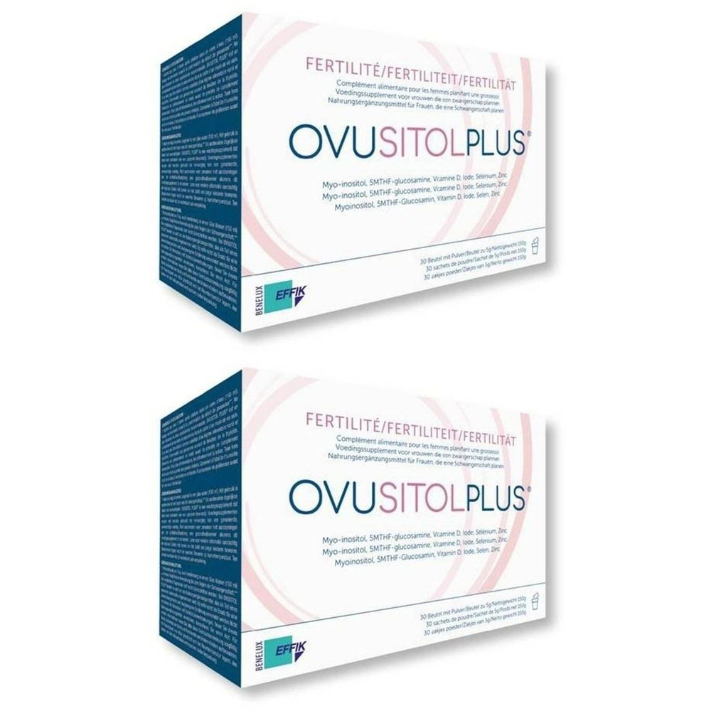 Twee dozen Ovusitolplus®. Witte verpakking met blauwe en roze tekst. Opschrift: Fertiliteit. 30 zakjes.