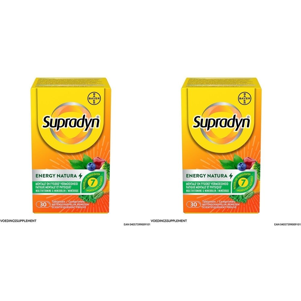 Twee gele dozen met de tekst Supradyn Energy Natura. Bevat 30 tabletten. Met groene en rode afbeeldingen.