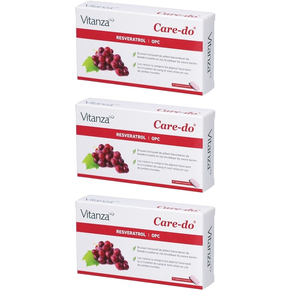 Drie witte dozen met rode tekst en afbeelding van druiven. Opschrift: Care-do, Vitanza, Resveratrol OPC.