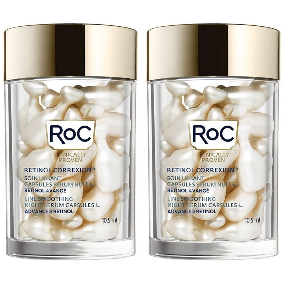 Deux flacons transparents de capsules de sérum de nuit RoC Retinol Correxion. Capsules visibles à l'intérieur.