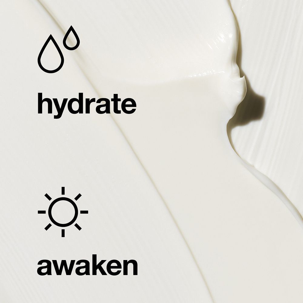 Weißes Produkt mit Tropfen- und Sonnen-Symbolen. Text: hydrate, awaken.