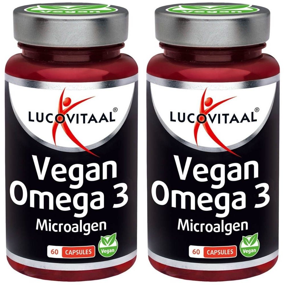 Twee flessen Lucovitaal® Vegan Omega 3. Bruine capsules in glazen potten. Zwart etiket met witte tekst. 60 capsules.