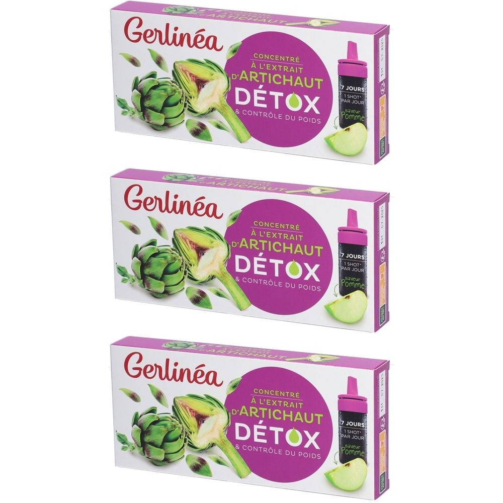 Trois boîtes Gerlinéa Detox Shot. Sur chaque boîte : artichaut, pomme, nom du produit et texte.