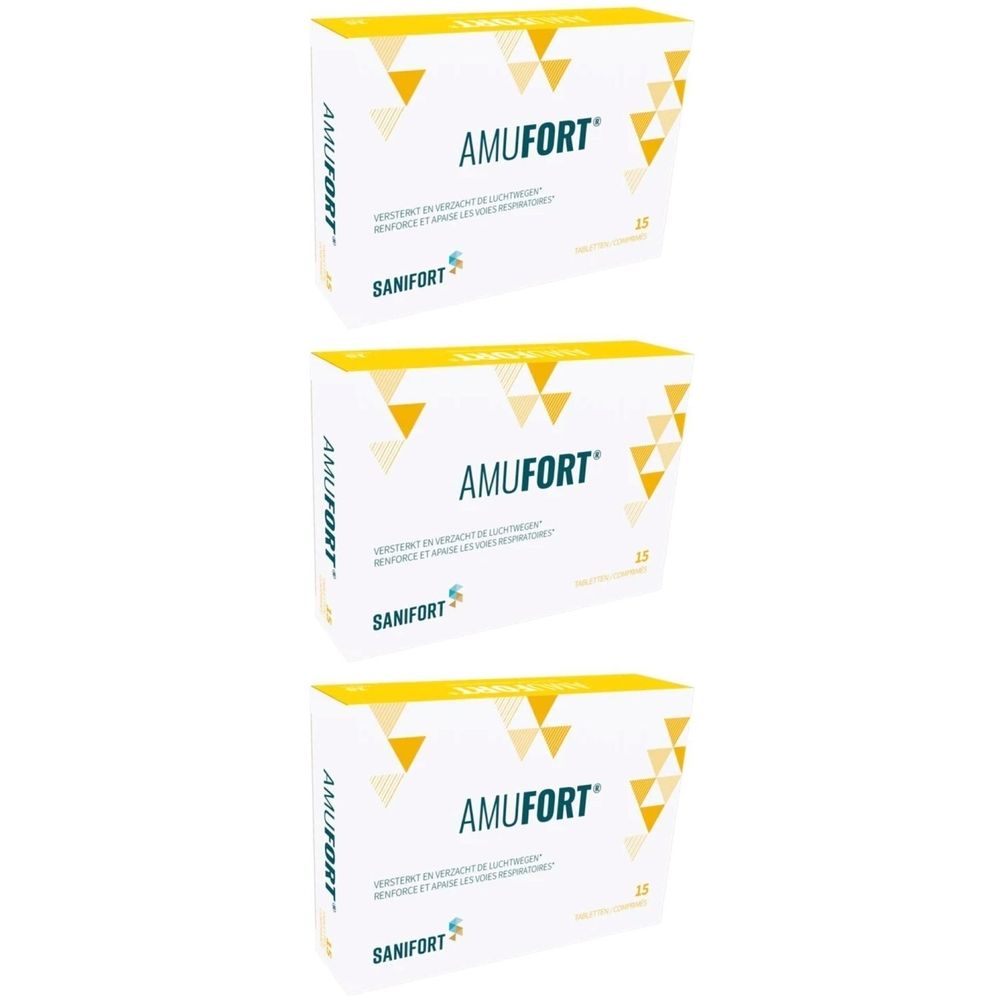 Trois boîtes AMUFORT. Emballage blanc avec triangles jaunes et texte vert. Logo SANIFORT.