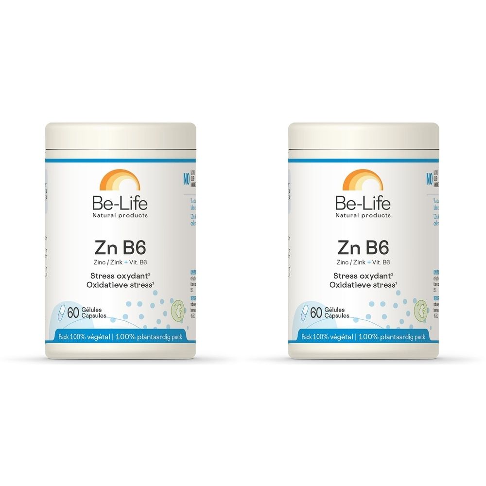 Twee witte potten met etiketten. Opschrift: Be-Life Zn B6, 60 capsules. Logo: oranje zon.