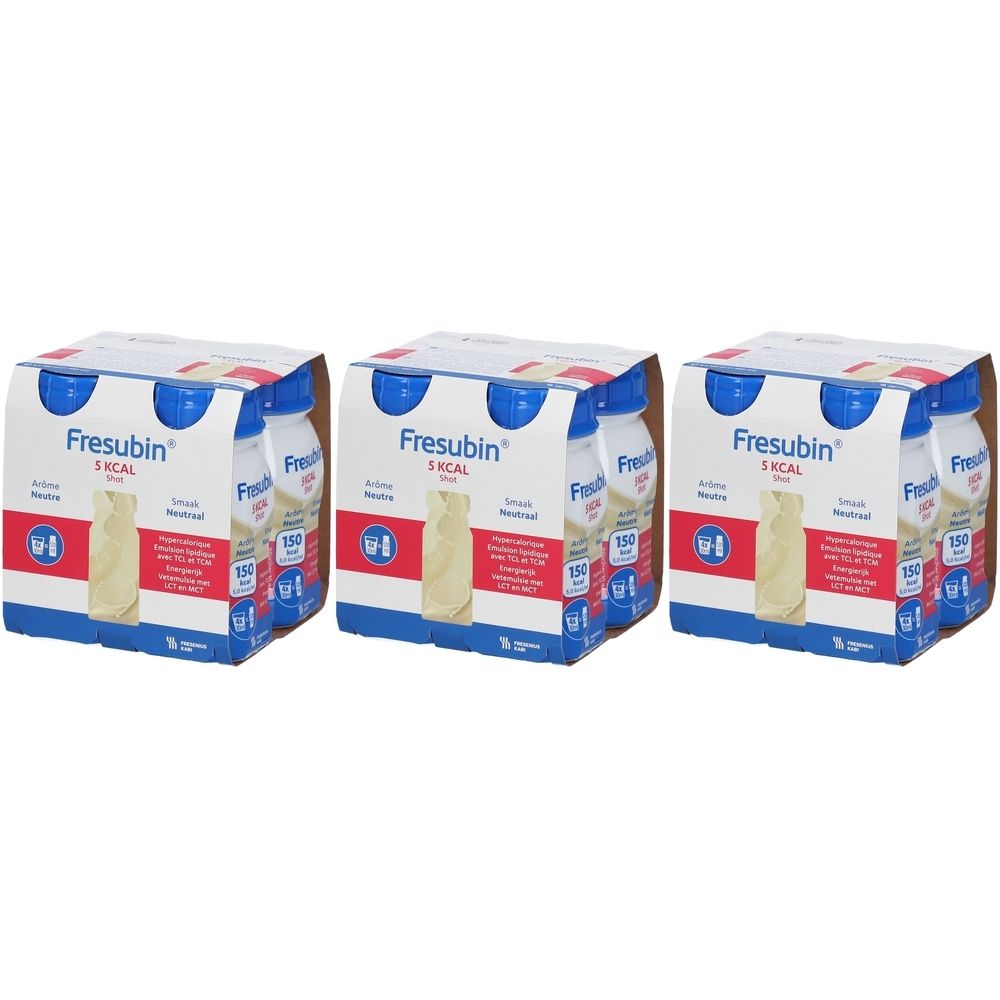 Drie verpakkingen Fresubin 5 kcal Shot. Elke verpakking bevat vier flesjes. Opschriften: productnaam, voedingswaarde-informatie.