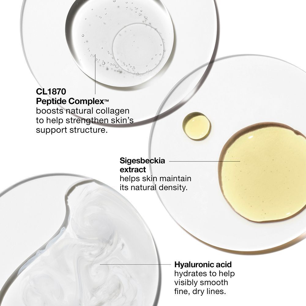 Nahaufnahme von Inhaltsstoffen: CL1870 Peptid-Komplex, Sigesbeckia-Extrakt, Hyaluronsäure. Beschriftungen.