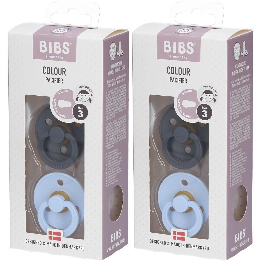 Zwei BIBS COULEUR Schnuller in Babyblau und Dunkelgrau, Größe 3, in Verpackung. Sichtfenster, Markenlogo, dänisches Design.