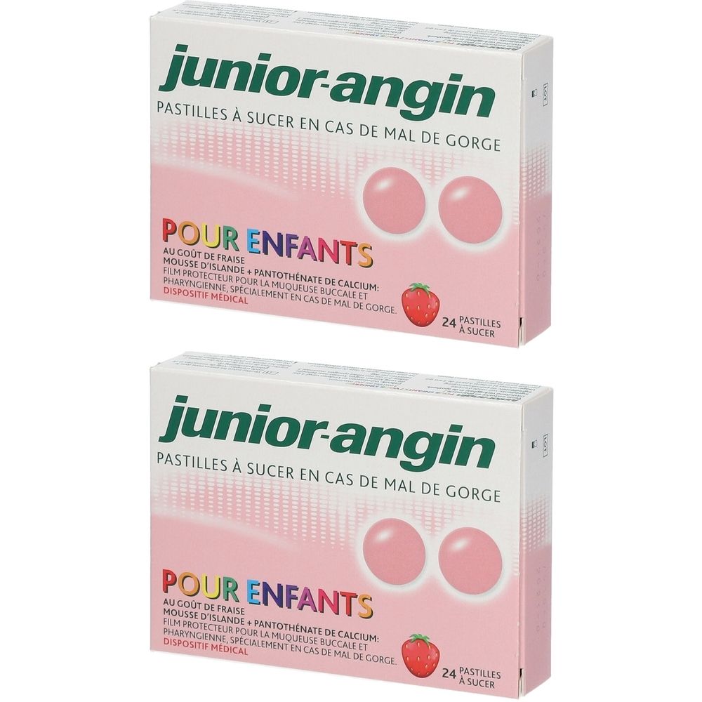 Deux paquets de pastilles Junior Angin pour mal de gorge, saveur fraise.