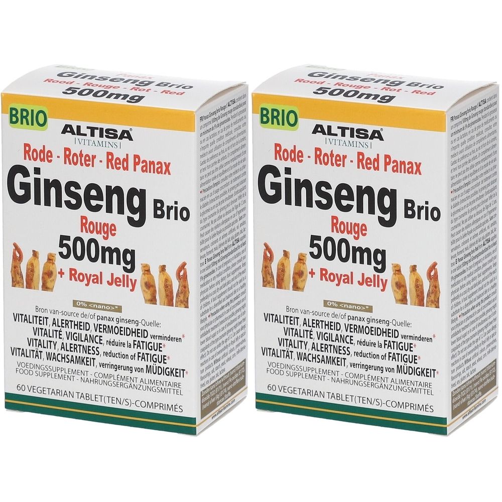 Twee dozen ALTISA Panax Ginseng Rouge + Gelée Royale. Witte verpakking met rode en groene tekst. Opschrift: Ginseng Brio 500mg.
