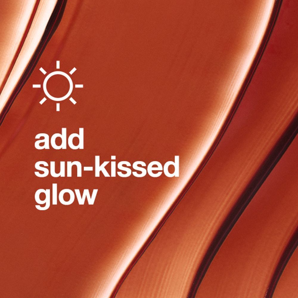Nahaufnahme von bronzefarbenem Gel mit weißem Text: add sun-kissed glow. Oben links ein weißes Sonnen-Symbol.