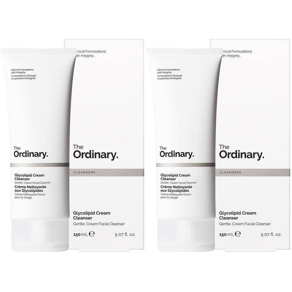 Zwei Tuben und Verpackungen von The Ordinary Glycolipid Cream Cleanser. Weiße Tuben mit schwarzem Text, in weißen Kartons.