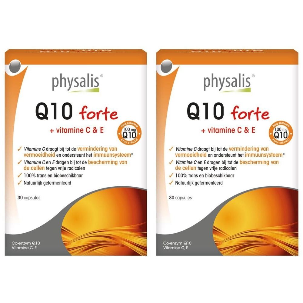 Twee verpakkingen Physalis Q10 forte. Oranje-witte verpakking met productnaam en info. 30 capsules.