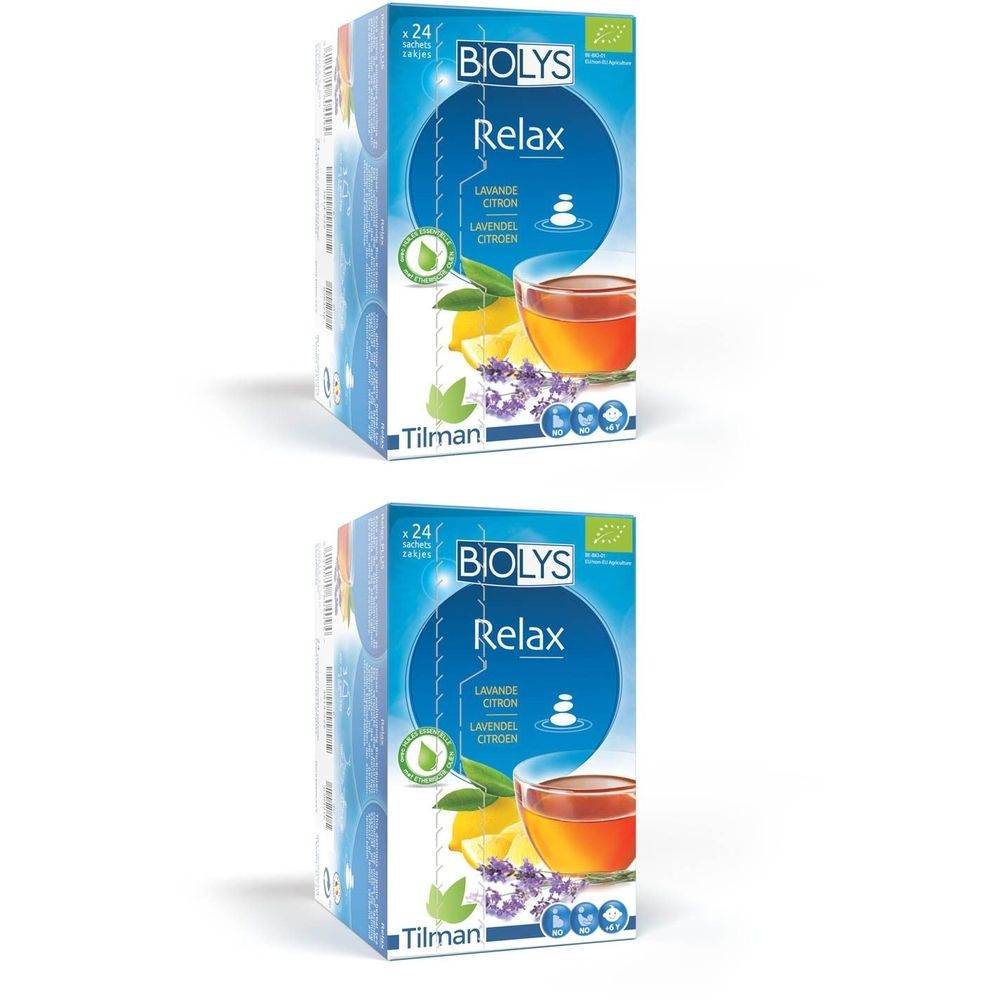 Twee Biolys-verpakkingen. Opschrift: Relax Lavande Citron. Afbeelding: kopje thee, citroen, lavendel.
