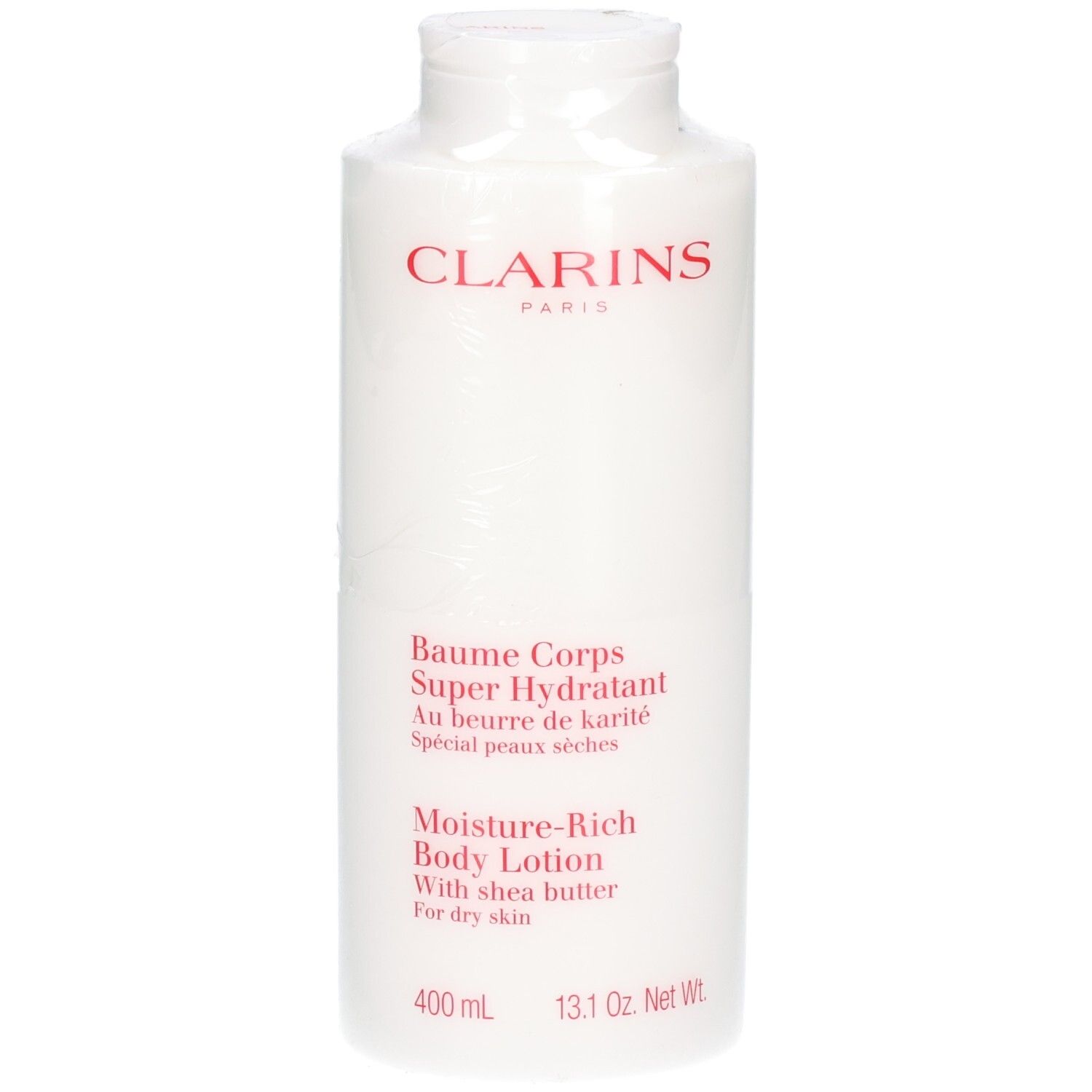 Clarins Körperbalsam: Weiße Flasche mit rotem Logo und Text. Enthält Sheabutter für trockene Haut.