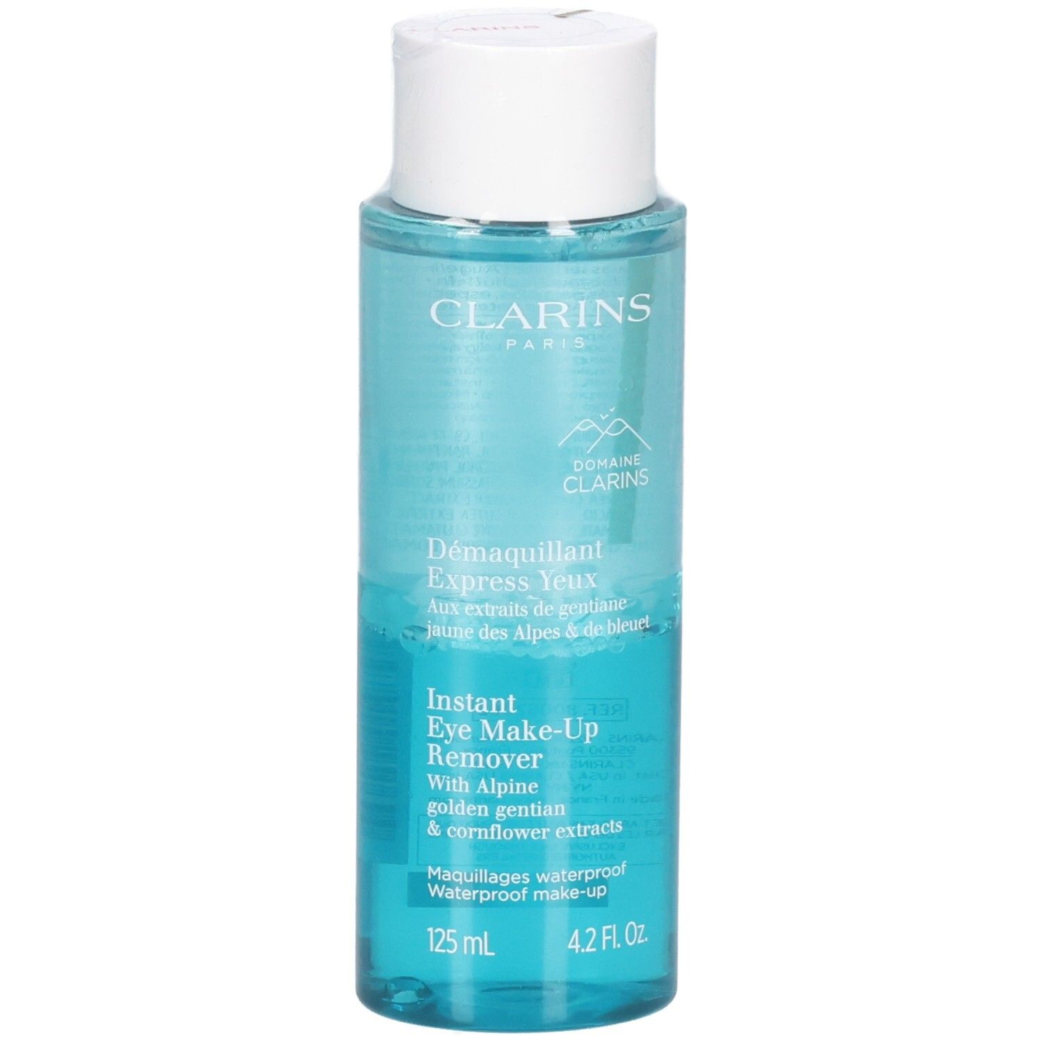 Clarins Instant Eye Make-Up Remover, flacone da 125 ml con liquido blu e tappo bianco.