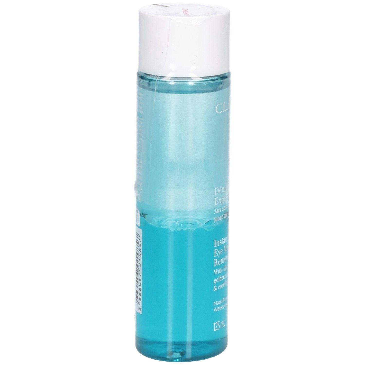 Clarins Instant Eye Make-Up Remover, 125ml, in flacone trasparente con liquido blu.