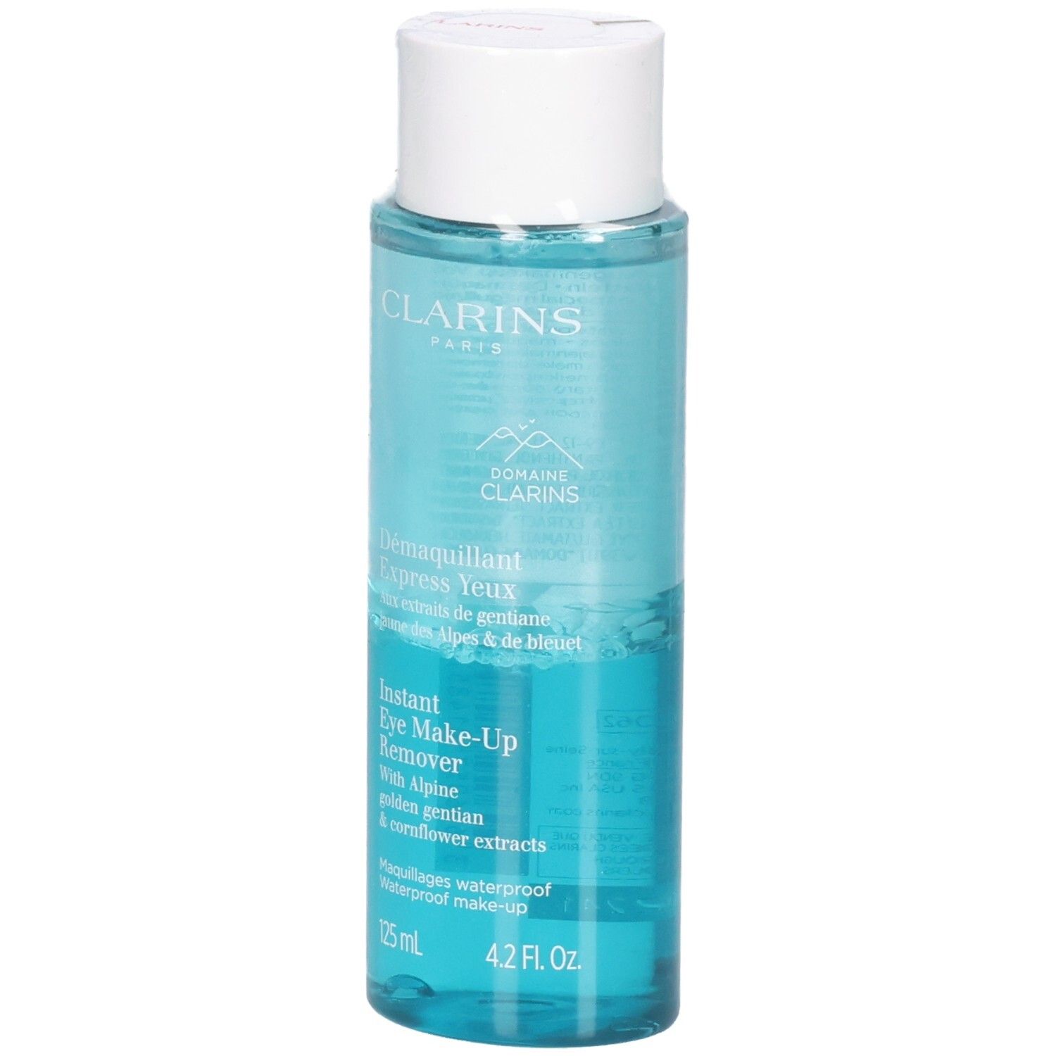 Clarins Struccante Express Occhi, 125ml, bifasico, con estratti di piante alpine.