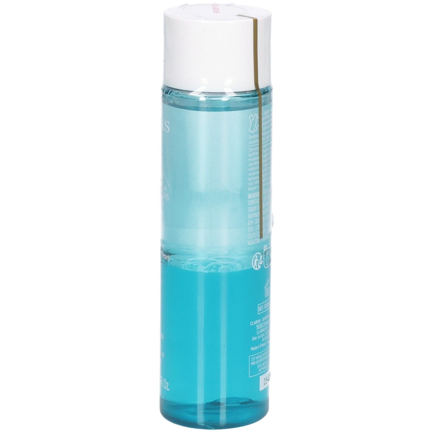 Flacone trasparente con contenuto blu e tappo bianco.