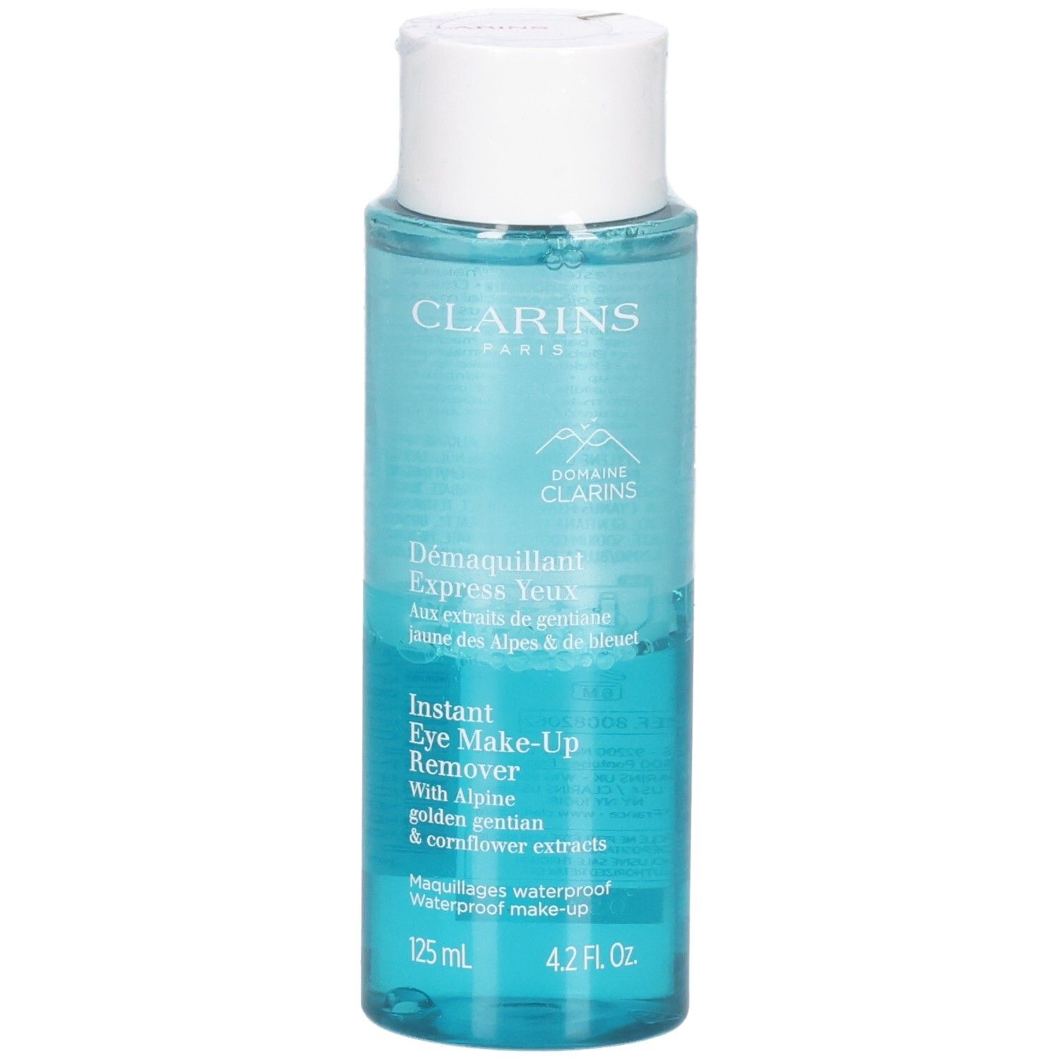 Clarins Instant Eye Make-Up Remover, 125 ml, in flacone trasparente con tappo bianco.