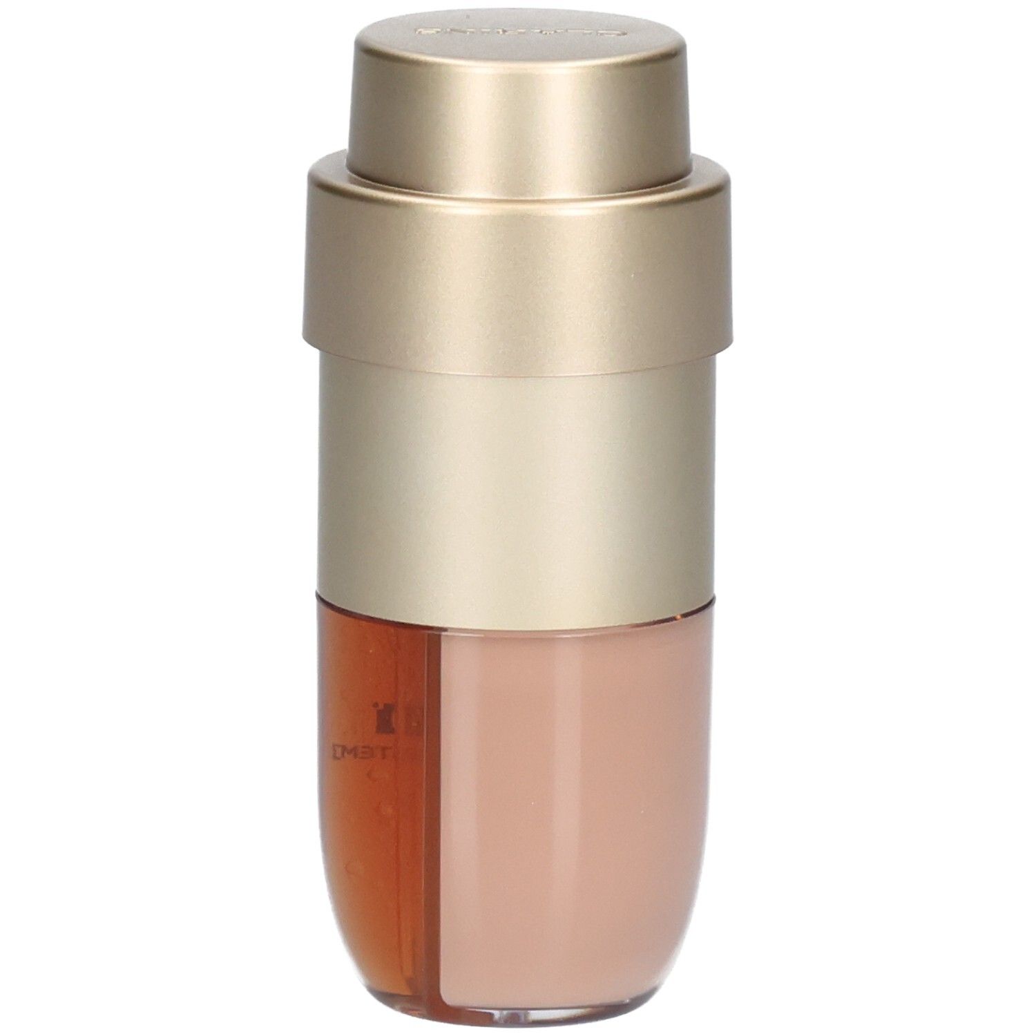 Clarins Double Serum Foundation Flakon mit goldfarbenem Pumpspender, zeigt die beiden Kammern mit Serum und Foundation.
