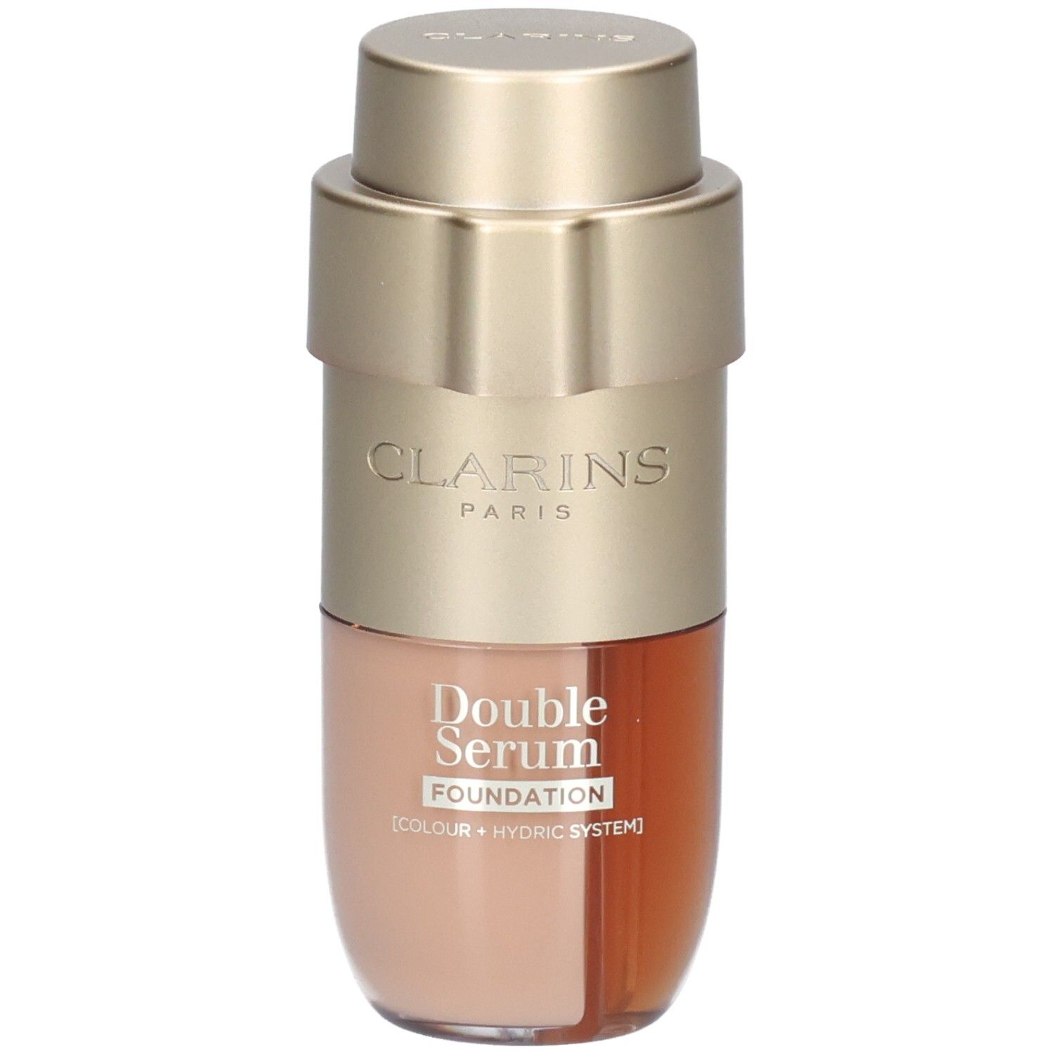 Clarins Double Serum Foundation in goldfarbener Flasche mit Pumpspender. Enthält zwei Phasen: eine helle und eine dunkle.
