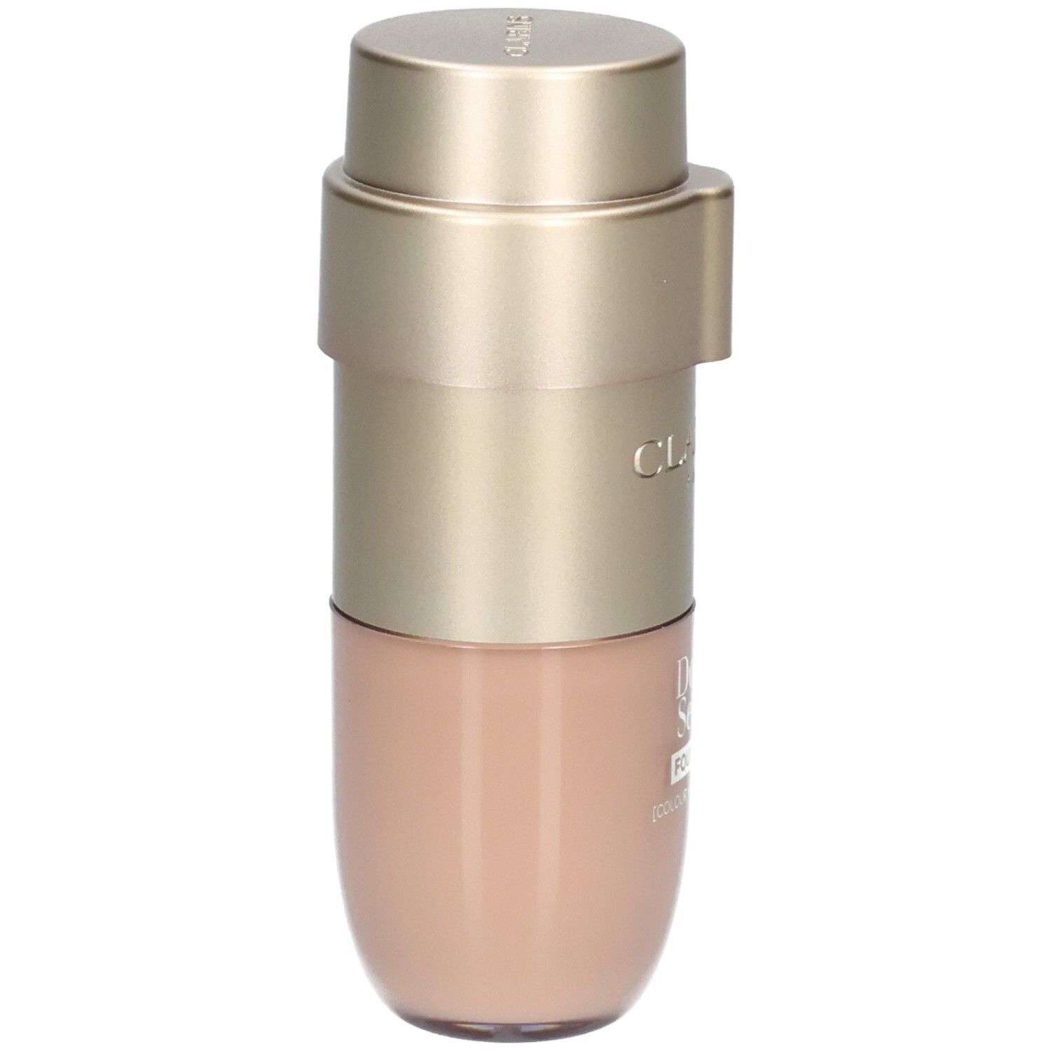 Goldfarbene Pumpe auf einer flaschenförmigen Basis mit hautfarbener Flüssigkeit. Clarins-Logo sichtbar.