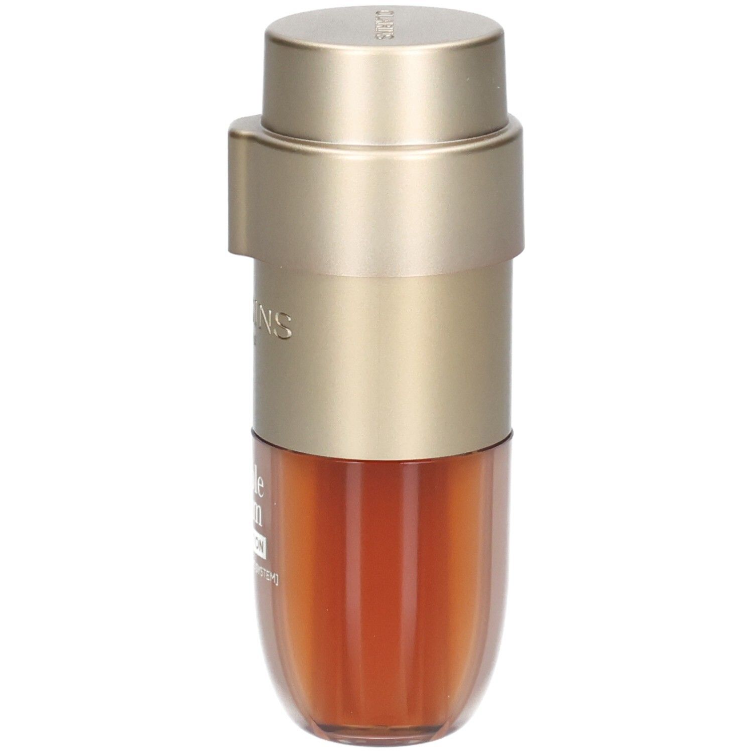 Clarins Serum Flasche mit goldenem Verschluss und brauner Flüssigkeit.