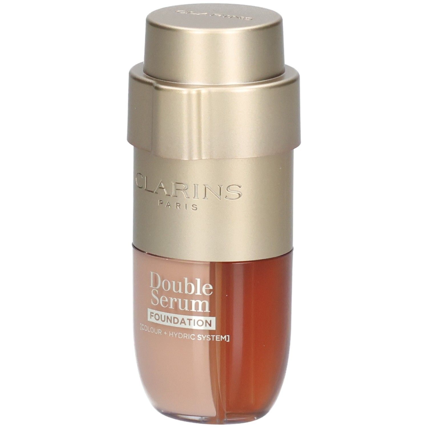 Clarins Double Serum Foundation in einem goldfarbenen Spender mit zwei Kammern, eine hell und eine dunkel.