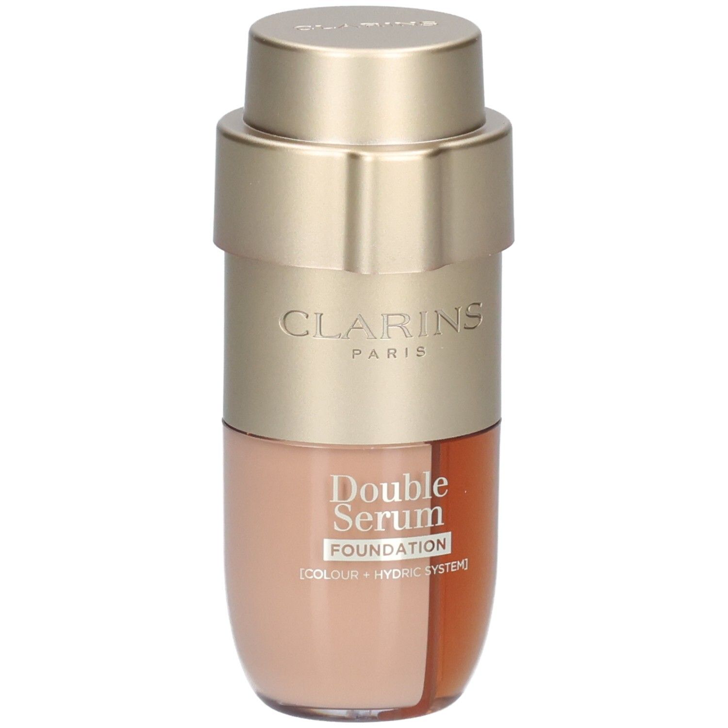 Clarins Double Serum Foundation in goldfarbener Flasche mit zwei Kammern, eine für die Farbe, die andere für das hydrische System.