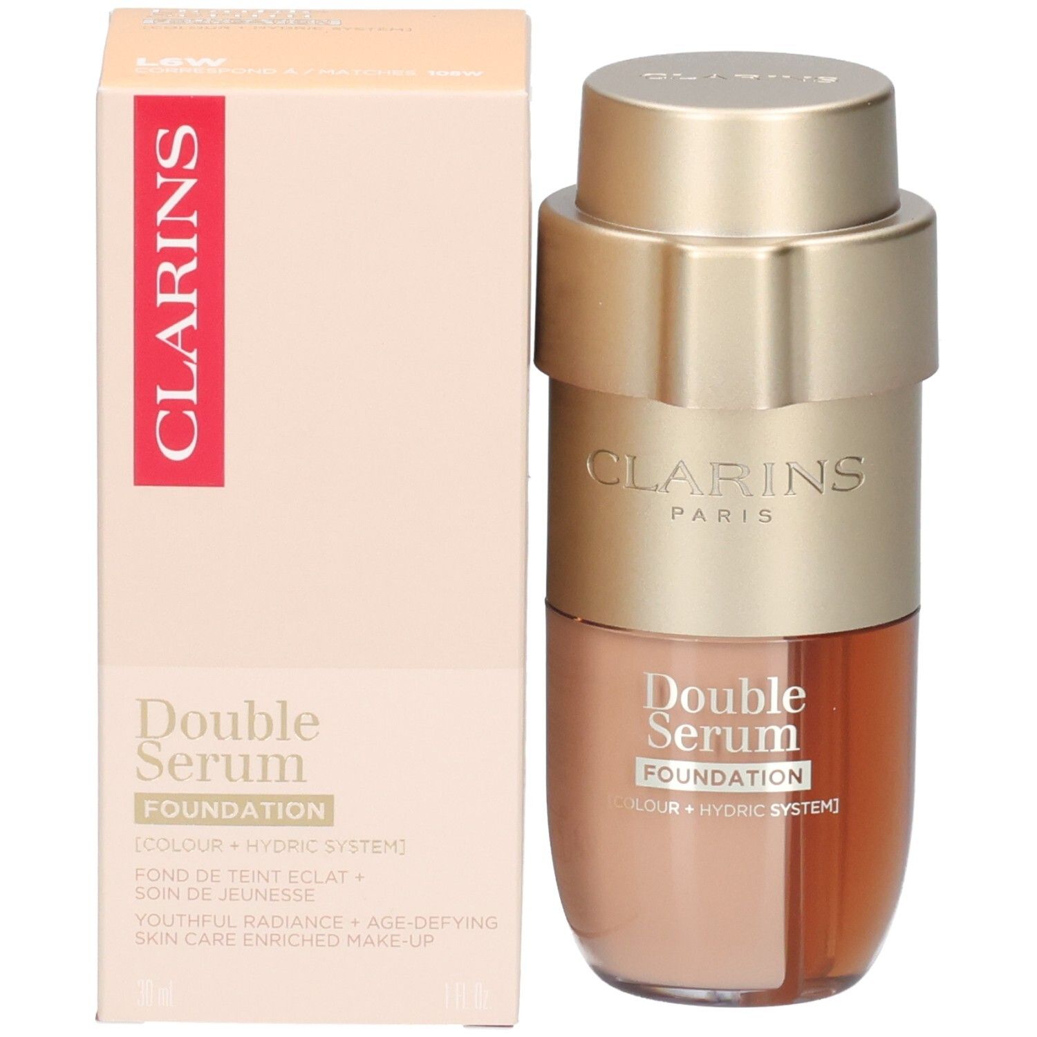 Clarins Double Serum Foundation in einem goldfarbenen Spender mit beigefarbener Verpackung.