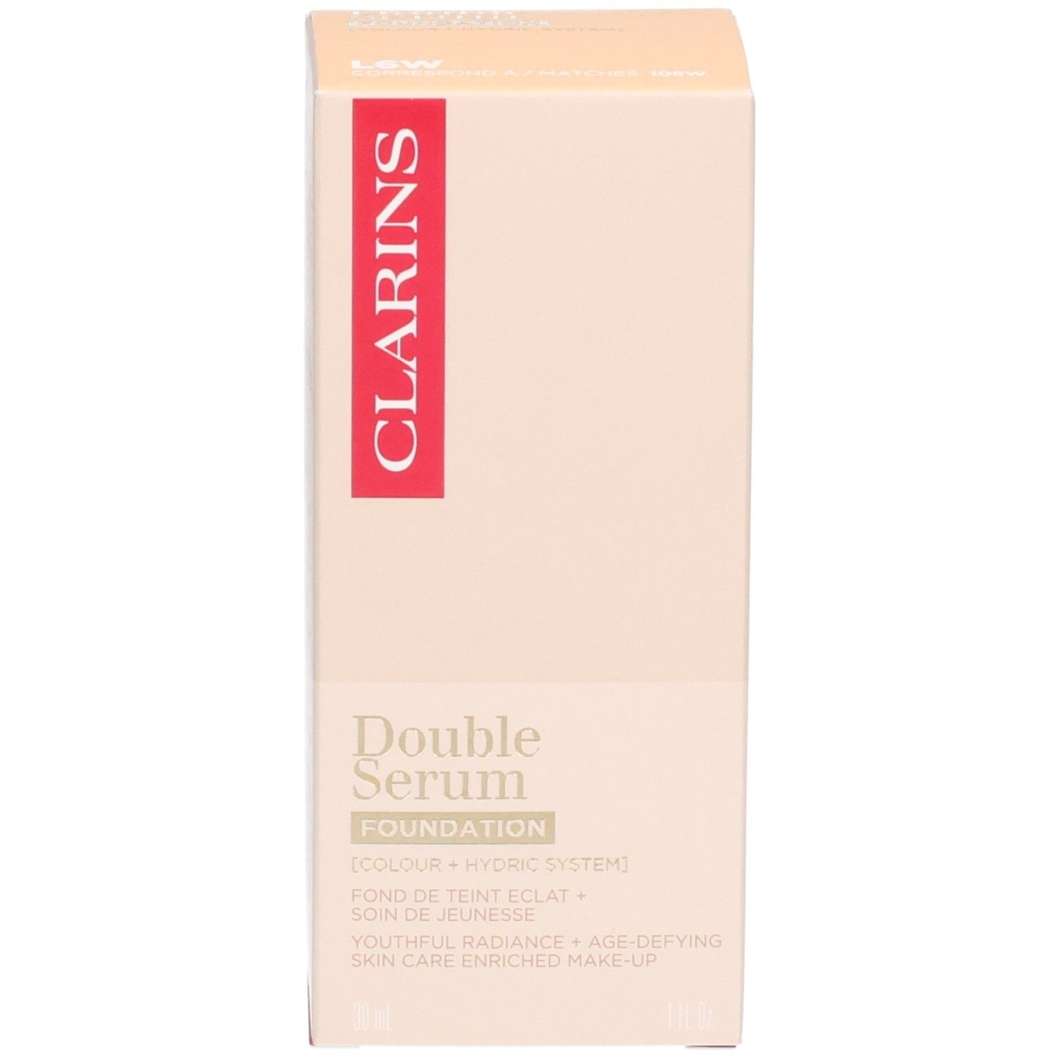 Clarins Double Serum Foundation Karton. Hellbeige mit rotem Streifen und weißer Schrift.