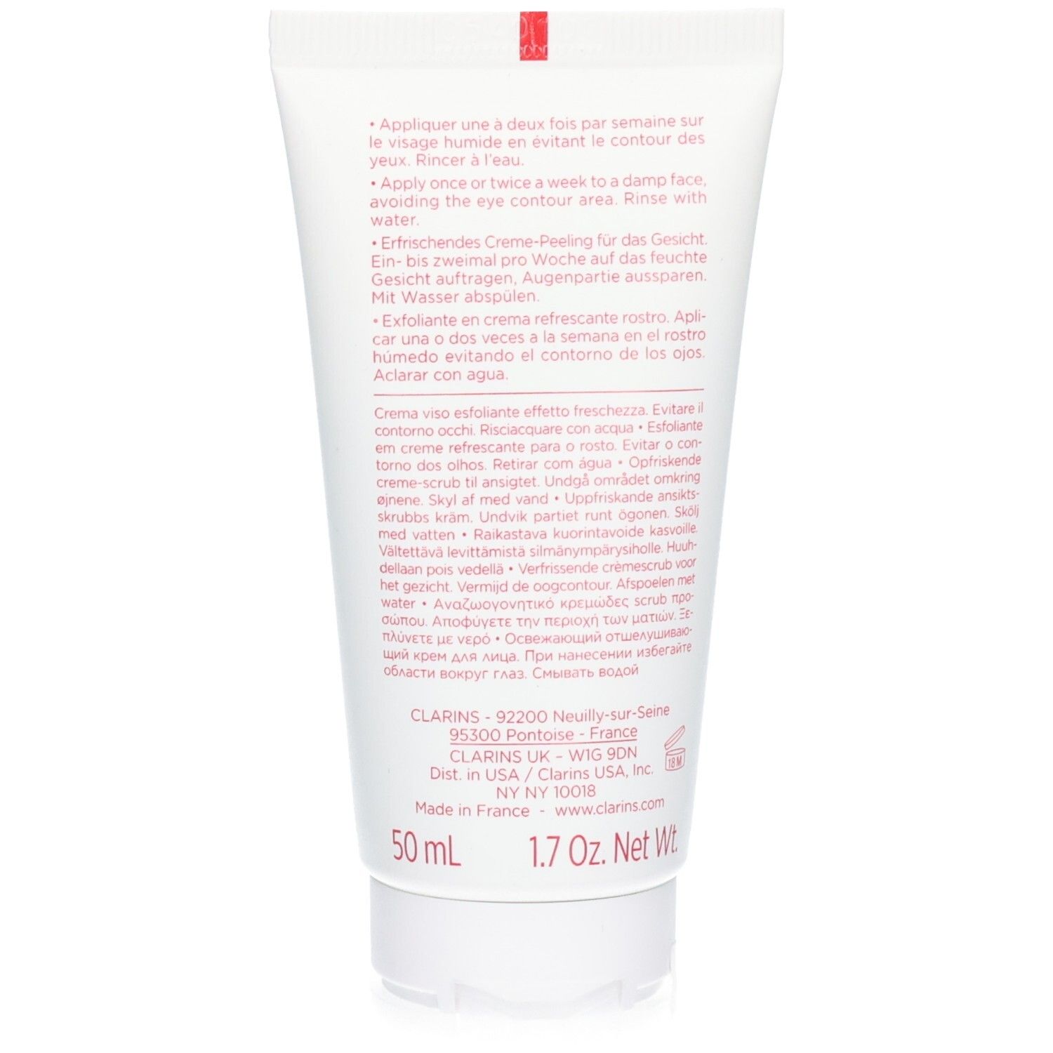 Rückseite Clarins Fresh Scrub Tube: Anwendungshinweise und Inhaltsstoffe.