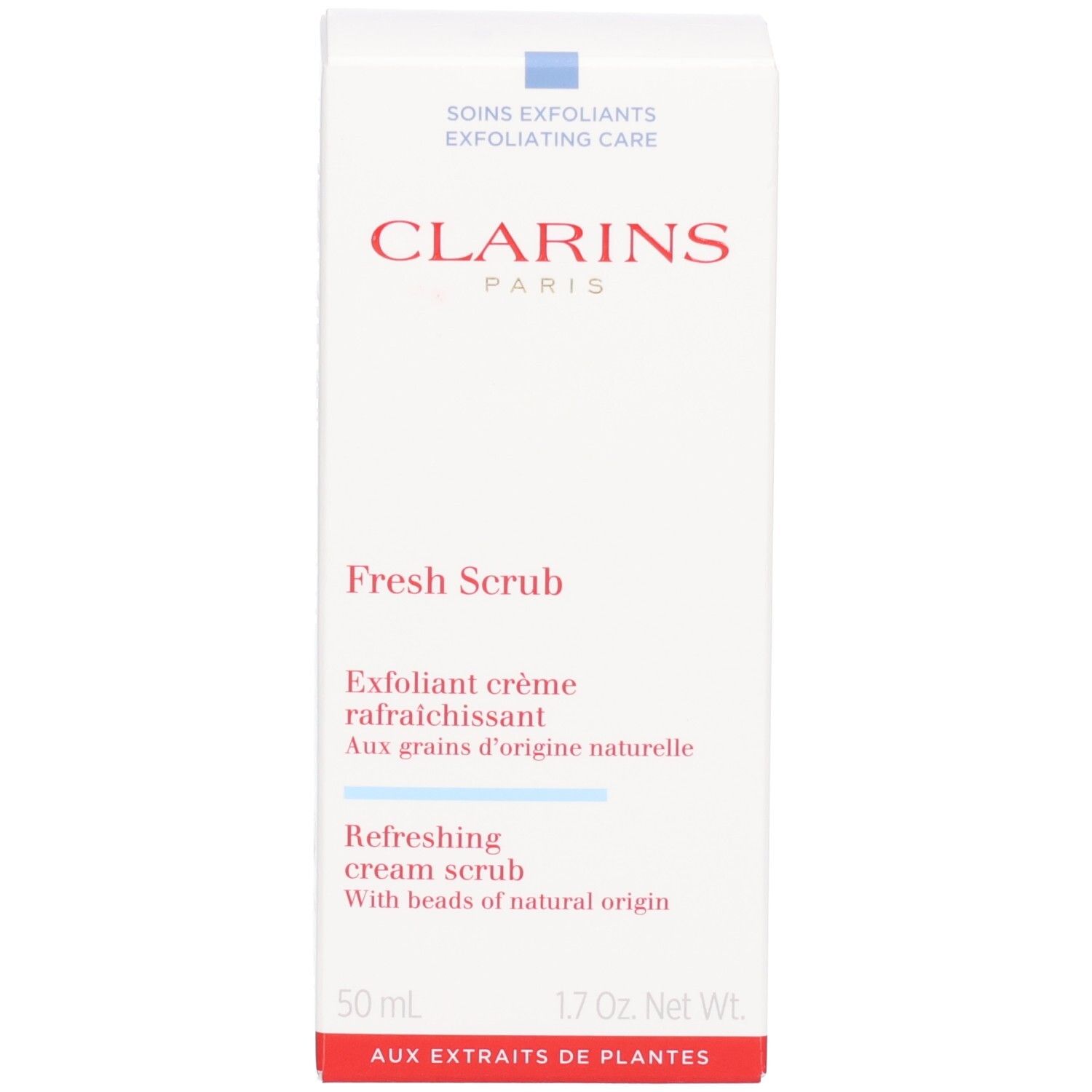 Clarins Fresh Scrub Verpackung: Erfrischendes Creme-Peeling mit Pflanzenextrakten.