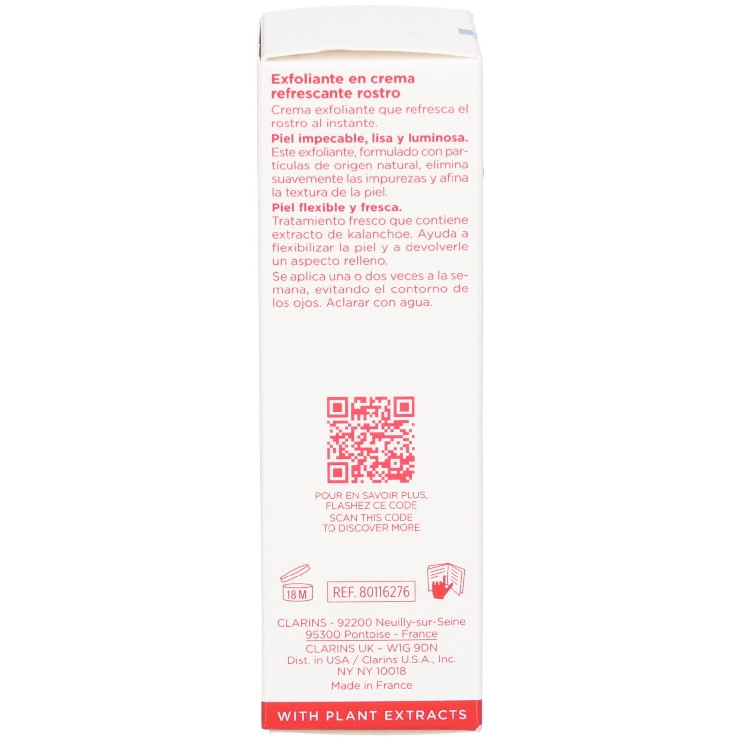 Seite der Clarins Fresh Scrub Verpackung: Beschreibung des Gesichts-Peelings.