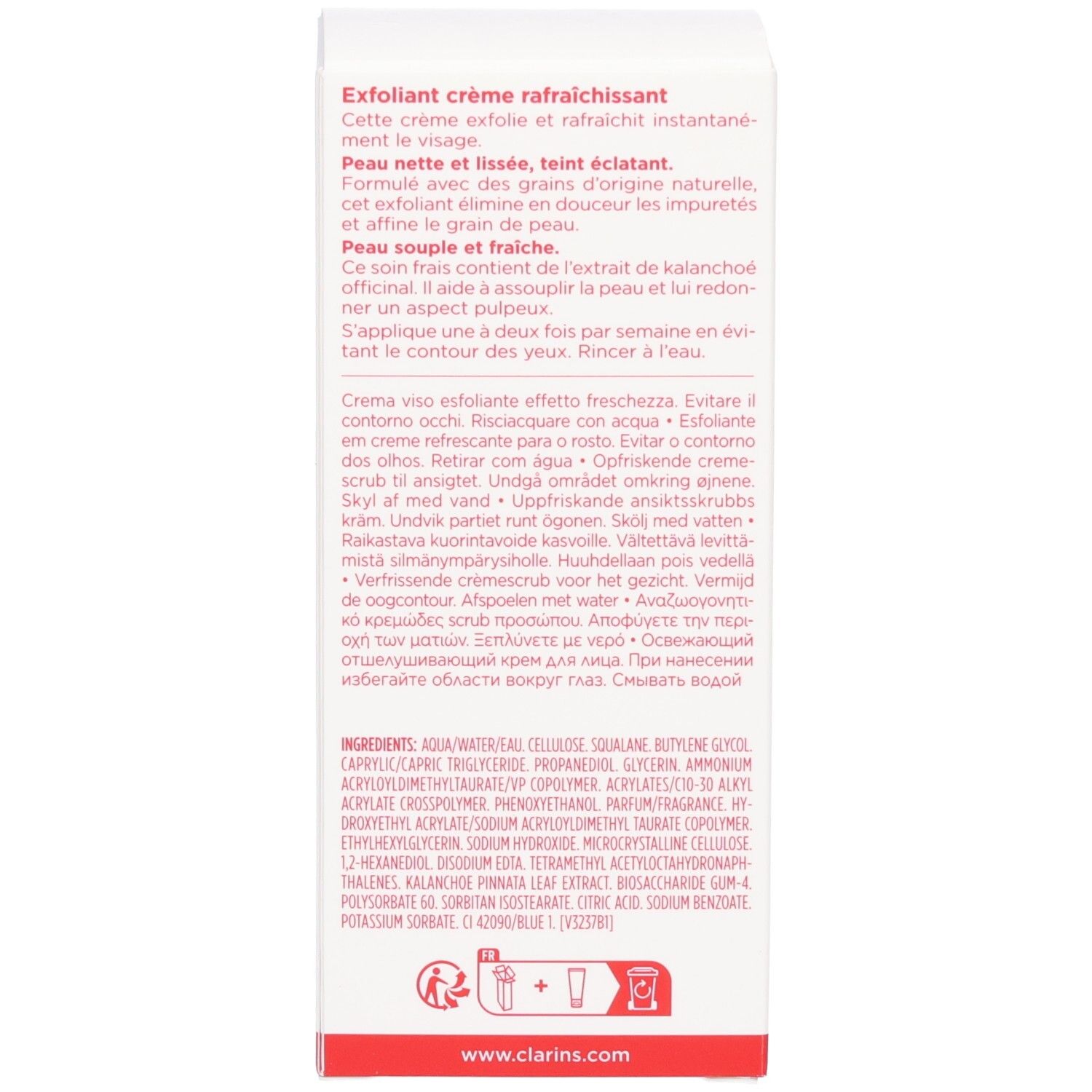 Clarins Fresh Scrub Verpackung: Beschreibung des erfrischenden Gesichts-Peelings.