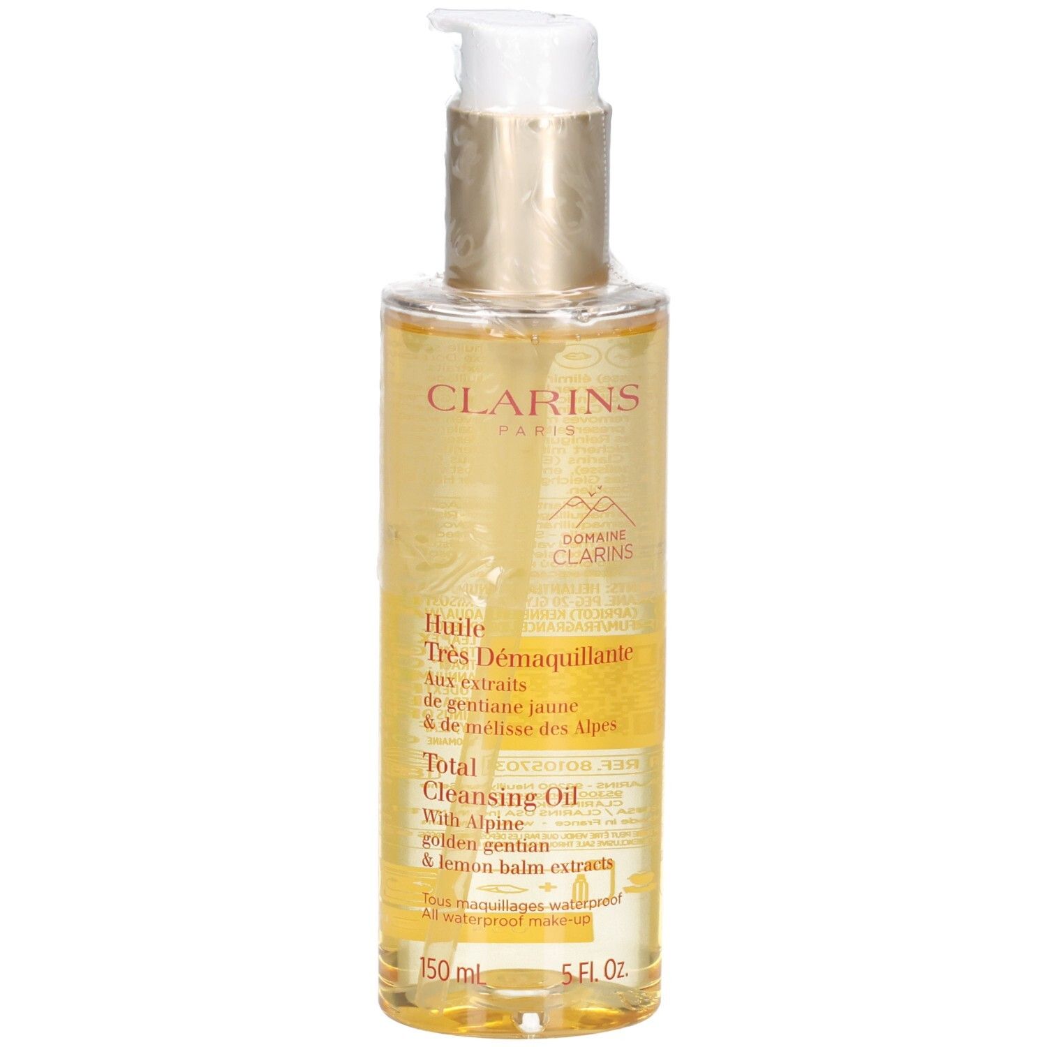 Clarins Total Cleansing Oil Flasche mit Pumpspender, goldfarbener Verschluss.