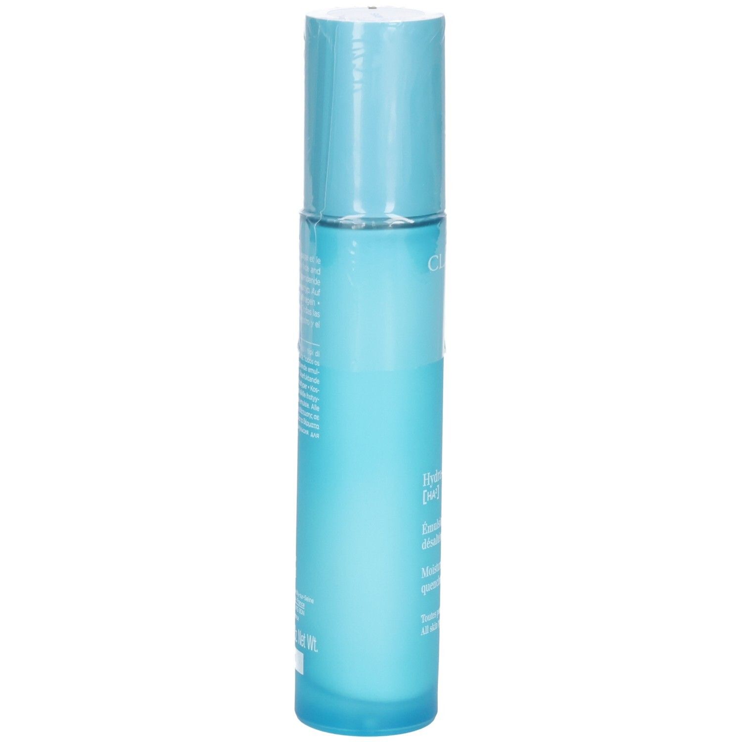 Clarins Hydra-Essentiel HA² Émulsion désaltérante, Rückseite. Enthält Anwendungshinweise.