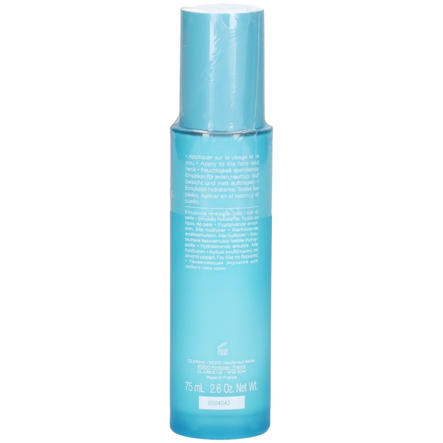 Clarins Hydra-Essentiel HA² Émulsion désaltérante, 75ml. Rückseite mit Produktinformationen und Barcode.