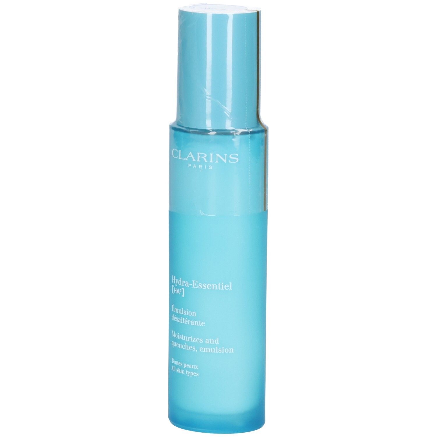 Clarins Hydra-Essentiel HA² Émulsion désaltérante, 75ml. Blaue Flasche mit Pumpspender.