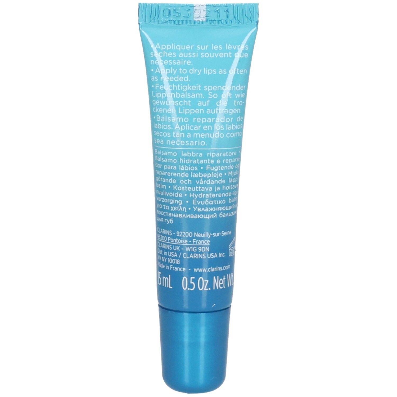 Rückseite der Clarins Hydra-Essentiel Lippenbalsam Tube mit Anwendungshinweisen.