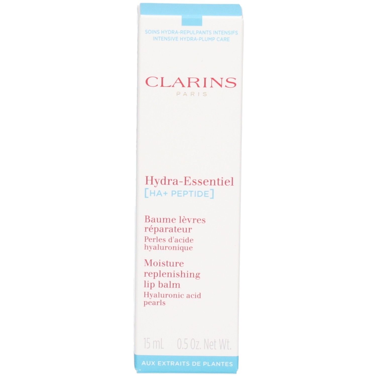 Clarins Hydra-Essentiel Lippenbalsam Faltschachtel, Vorderseite.