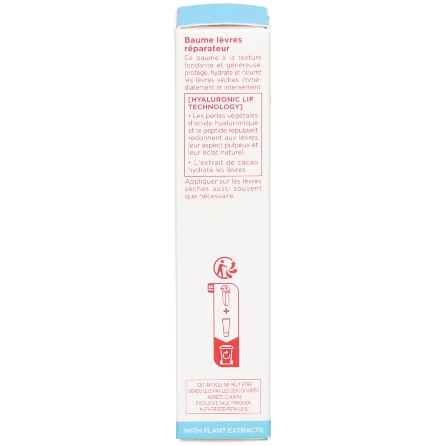 Seite der Clarins Hydra-Essentiel Lippenbalsam Faltschachtel mit Produktinformationen.